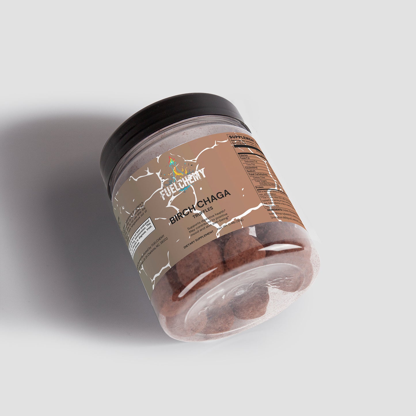 Fuelchemy Birch Chaga Natural Extracts in a jar featuring organic superfood truffles for health benefits