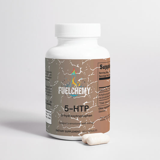 Fuelchemy 5-HTP Serotonin Support Supplement in a white capsule bottle for emotional wellness