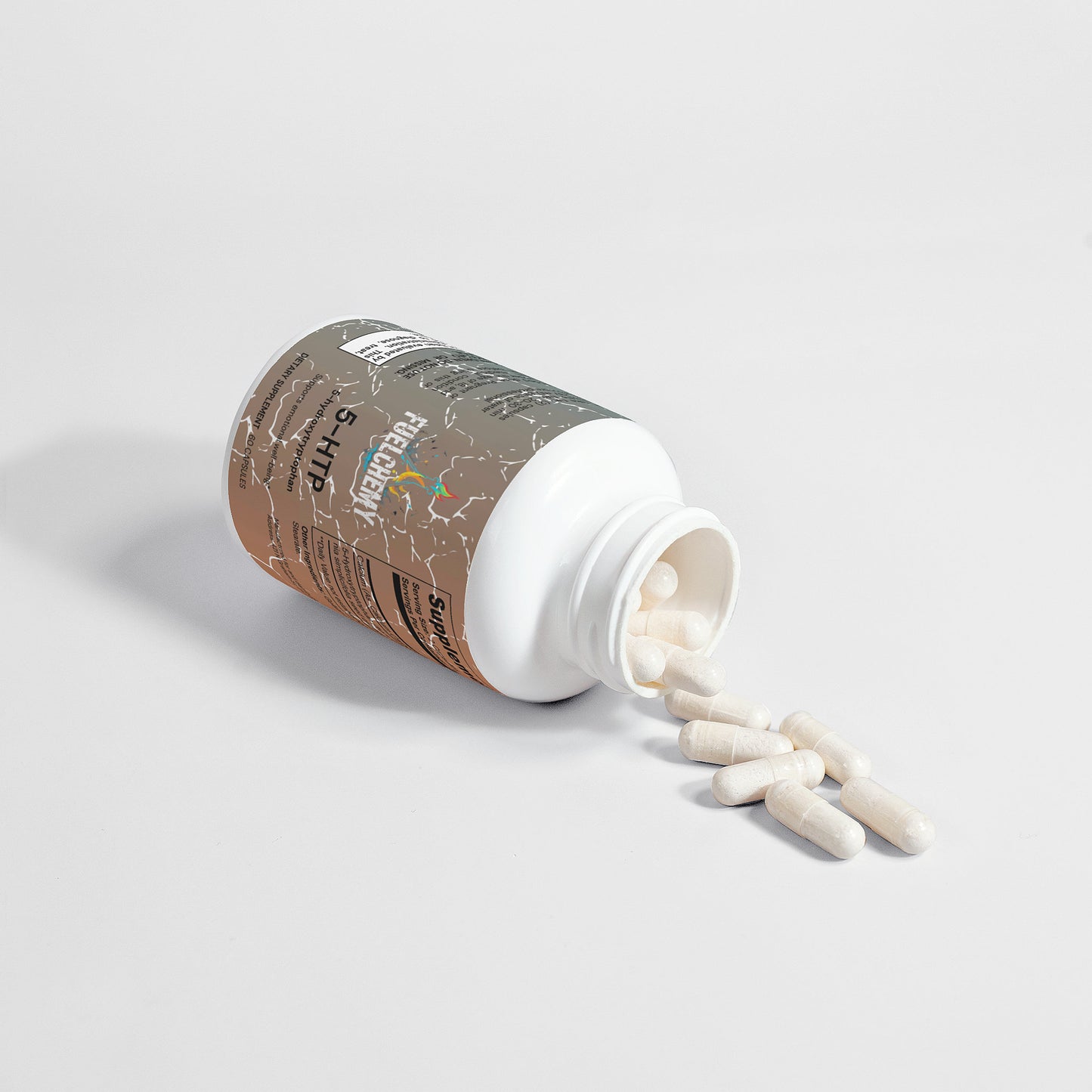 Fuelchemy serotonin support supplement in a bottle with capsules spilled out on a light background