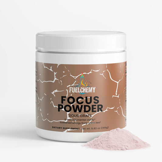 Fuelchemy Sour Grape Focus Powder in a 5.82 oz container for enhanced mental clarity and energy