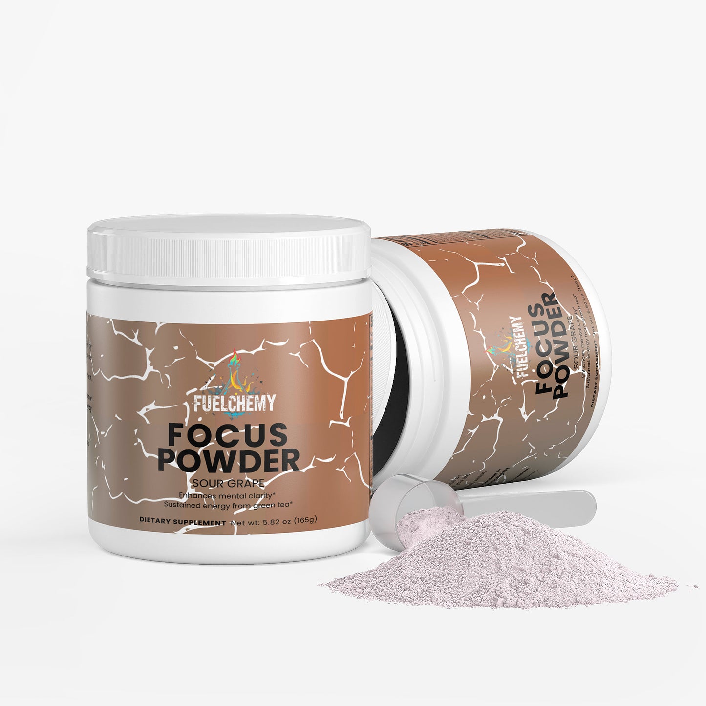 Fuelchemy sour grape focus powder supplement in a white container with a scoop and powdered mix
