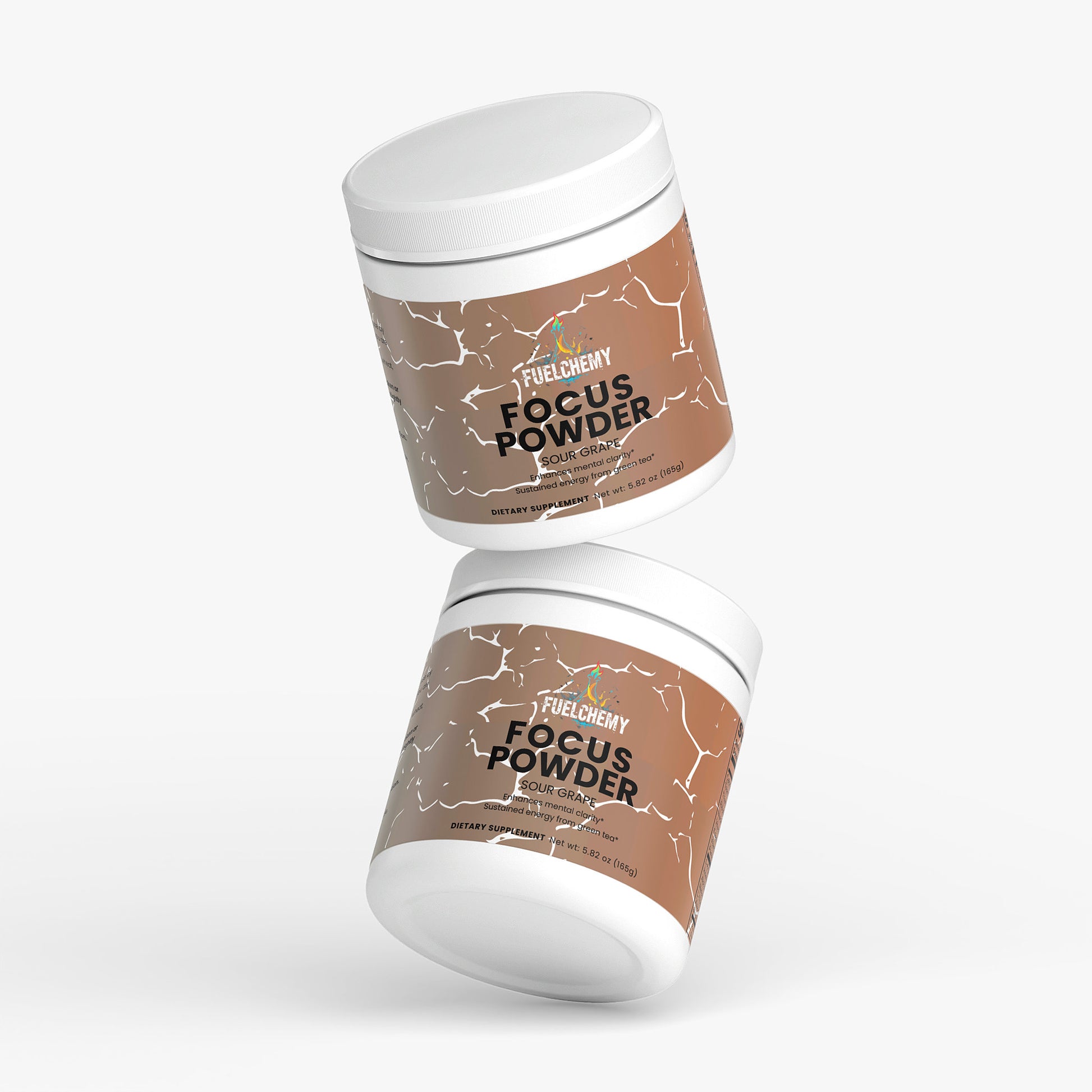 Fuelchemy Sour Grape Focus Powder in two stacked containers for enhanced mental clarity
