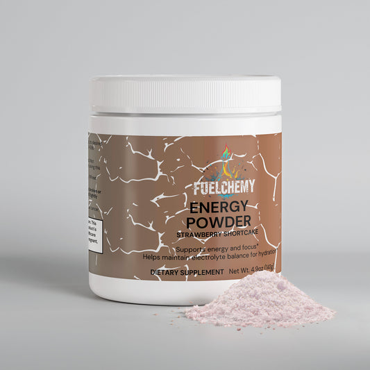 Fuelchemy strawberry shortcake energy powder in a container with pink powder for energy and focus support