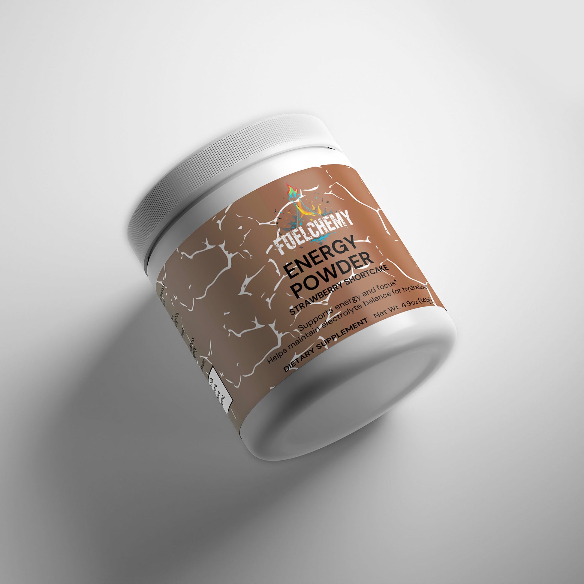 Fuelchemy strawberry shortcake energy powder in a white container for enhanced energy and focus