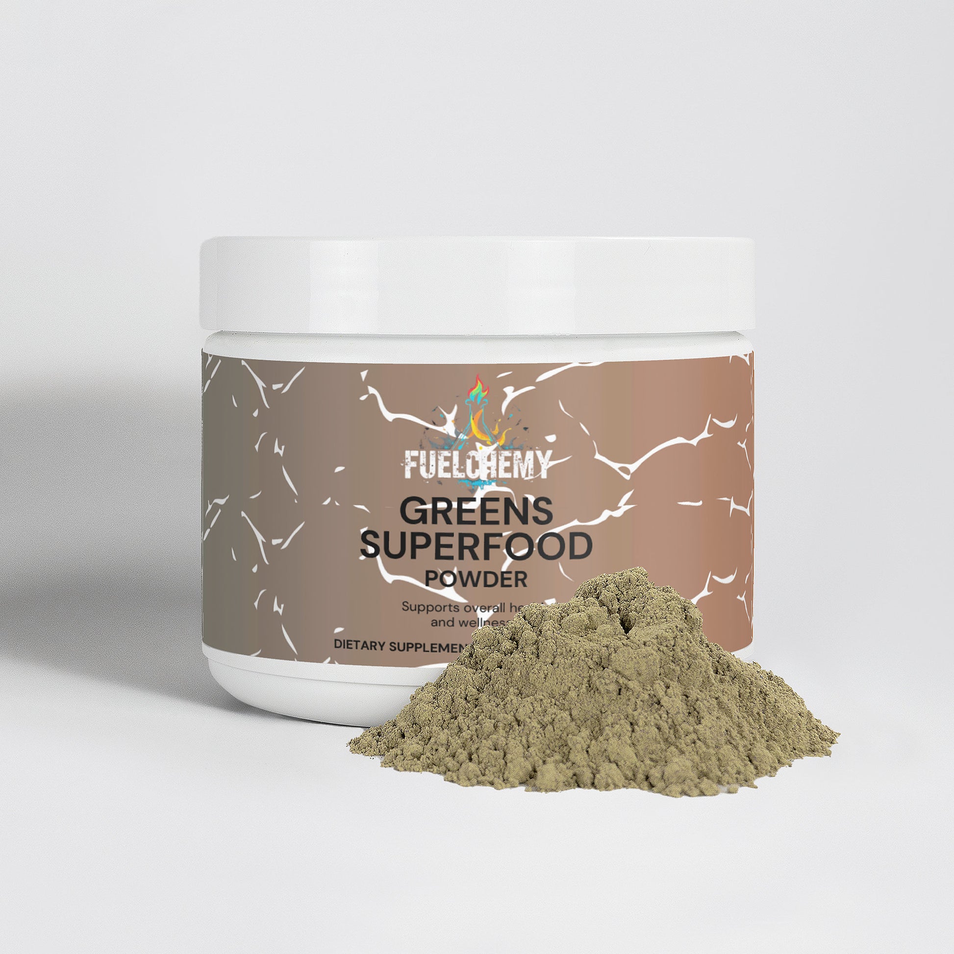 Fuelchemy Greens Superfood Powder for Energy with a light earthy color and powdery texture in a white container
