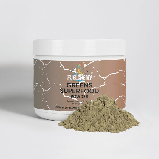 Fuelchemy Greens Superfood Powder for Energy with a light earthy color and powdery texture in a white container