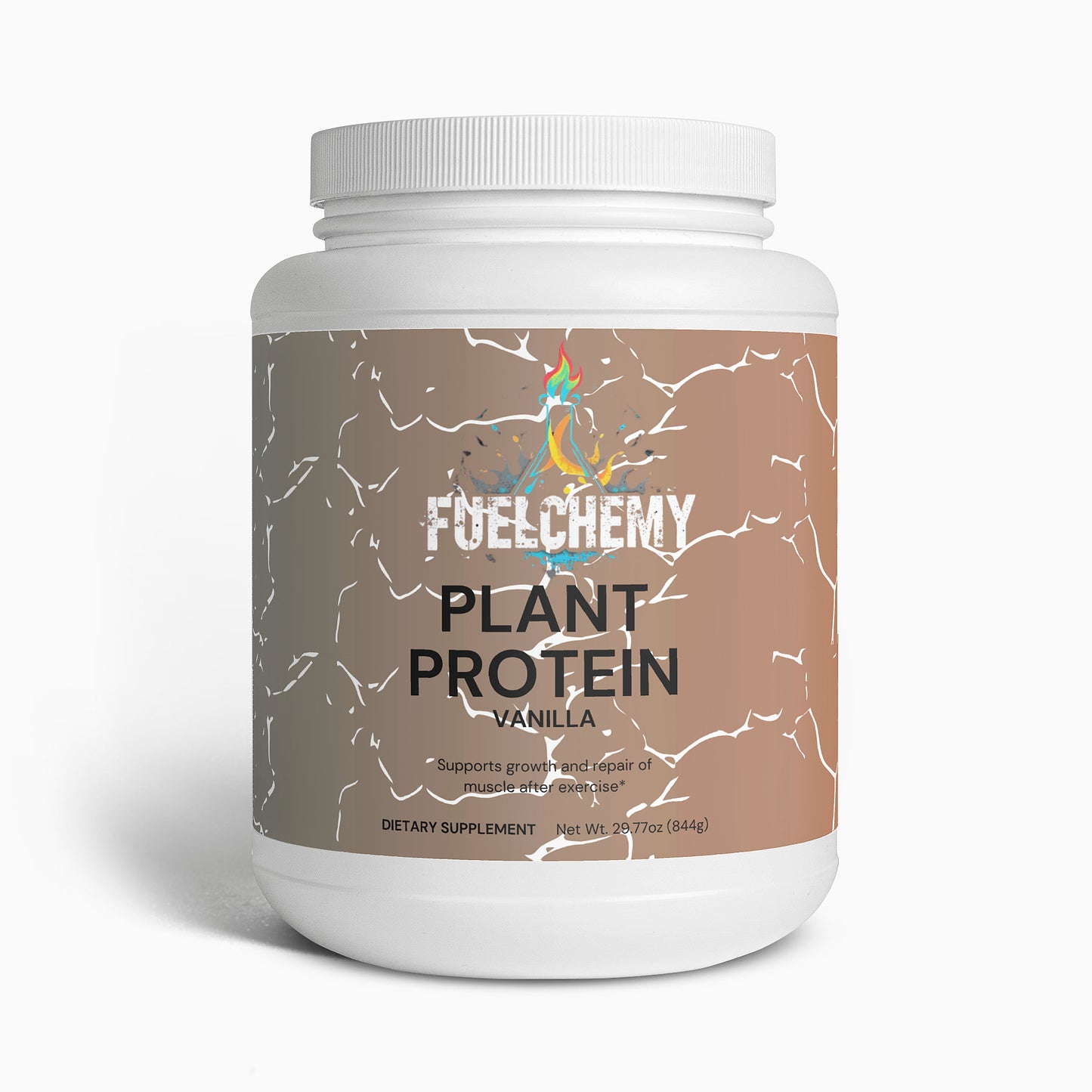 Fuelchemy vanilla plant protein powder in a 27oz container for muscle growth and recovery