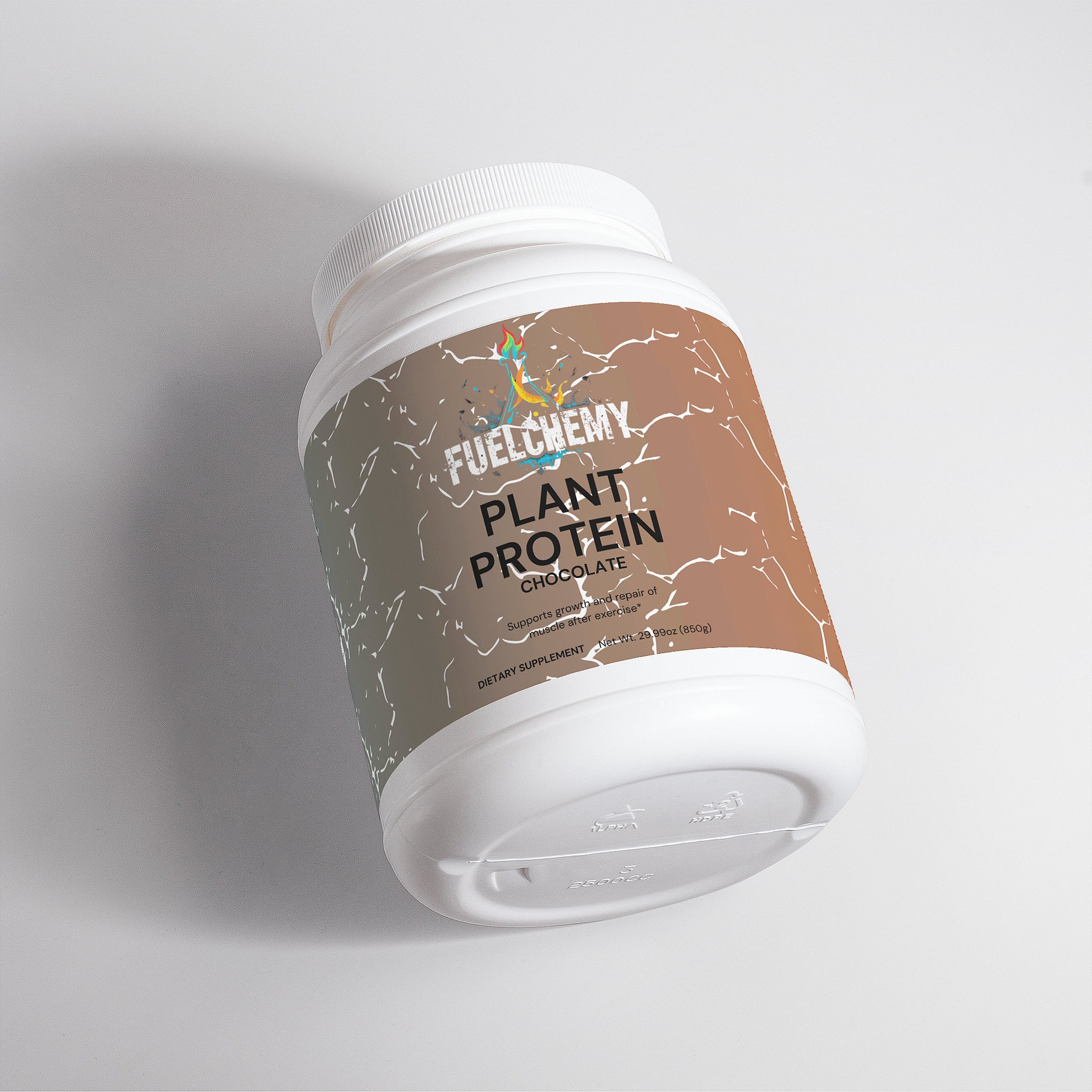 Fuelchemy vegan chocolate protein supplement in a sleek white container with a modern design