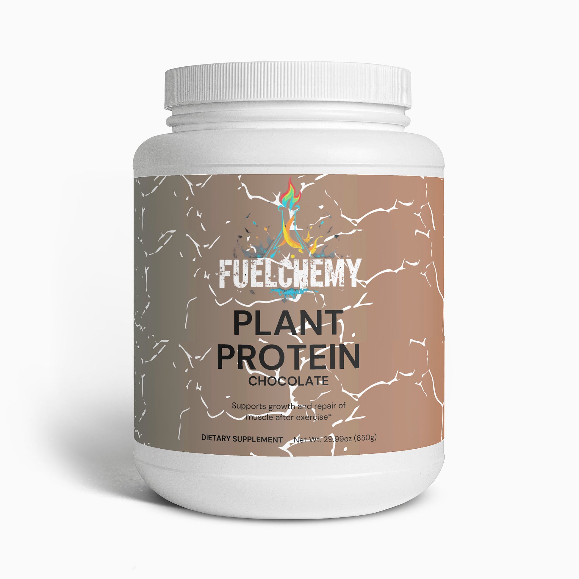 Fuelchemy vegan chocolate protein supplement in a white container for muscle recovery and growth
