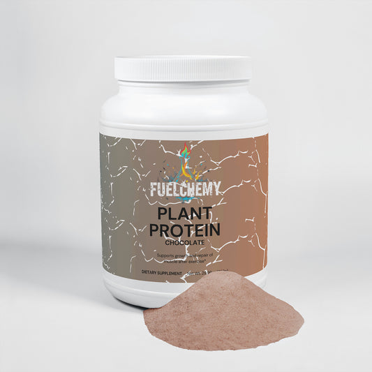 Fuelchemy vegan chocolate protein supplement in a large jar with chocolate protein powder beside it