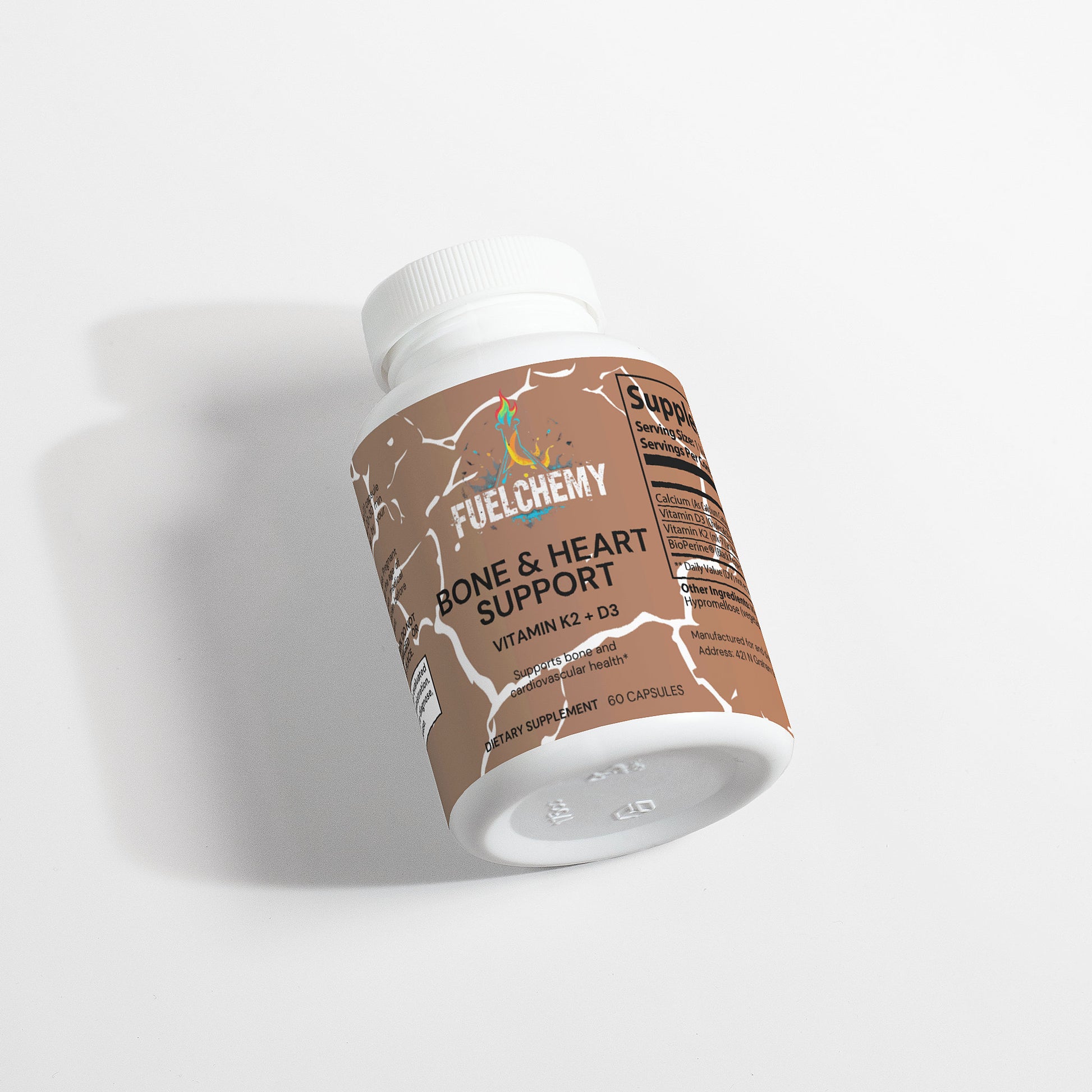 Fuelchemy Bone and Heart Support Vitamin K2 D3 supplement in a 60-capsule bottle for optimal health