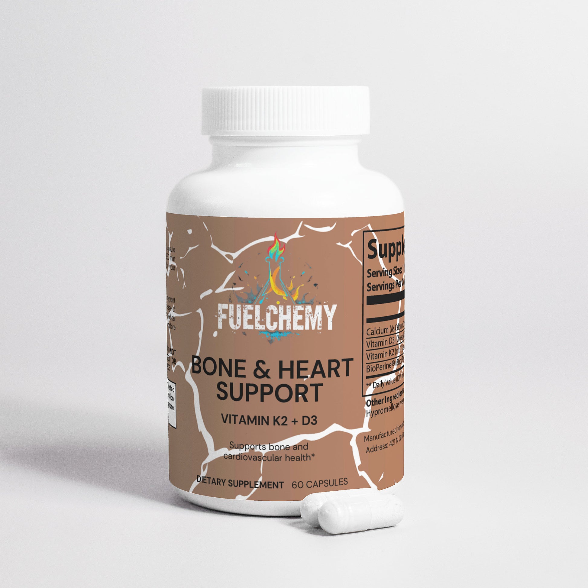 Fuelchemy Vitamin K2 D3 supplement for bone and heart support in easy-to-swallow capsules