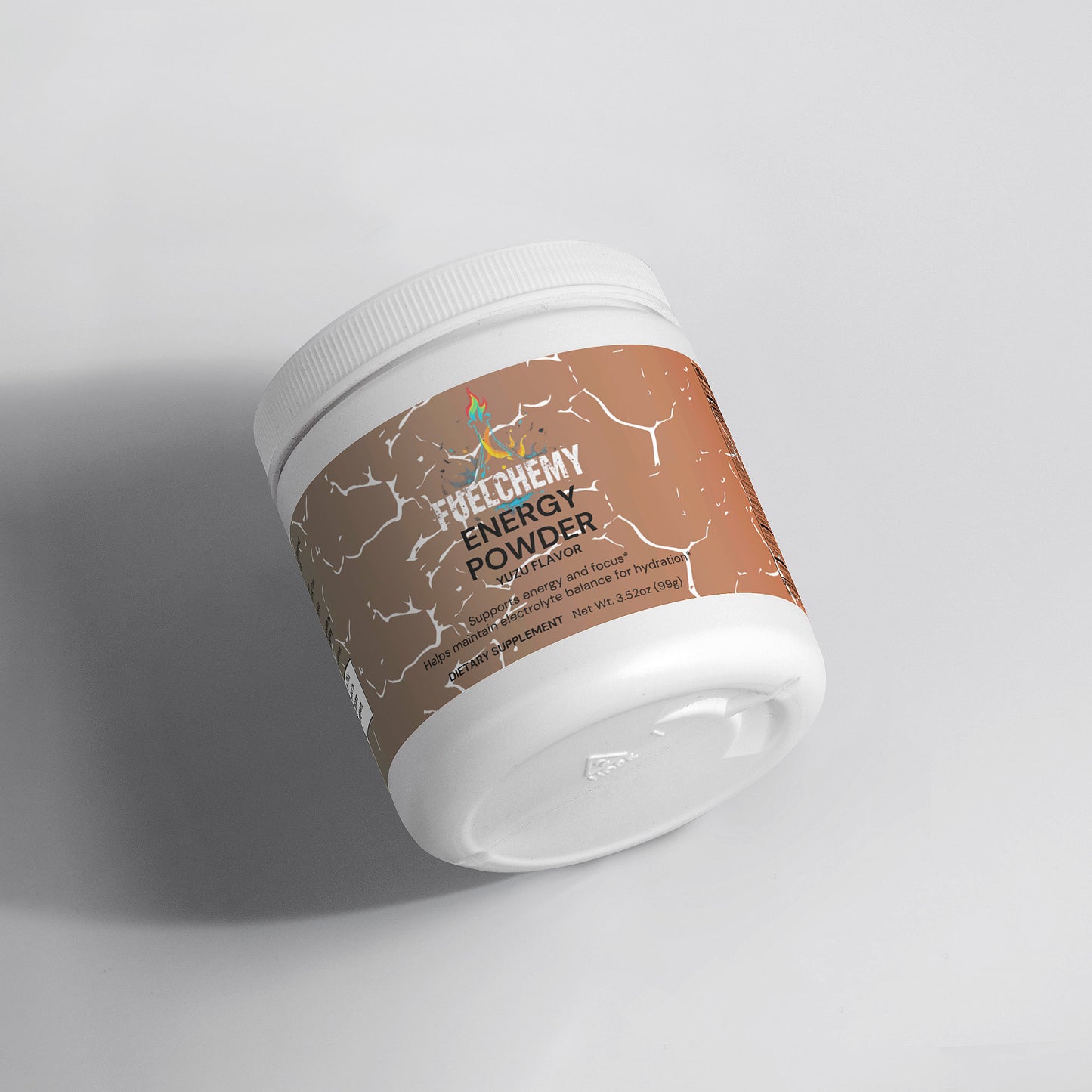 Fuelchemy Yuzu energy powder drink in a white container for enhanced stamina and hydration