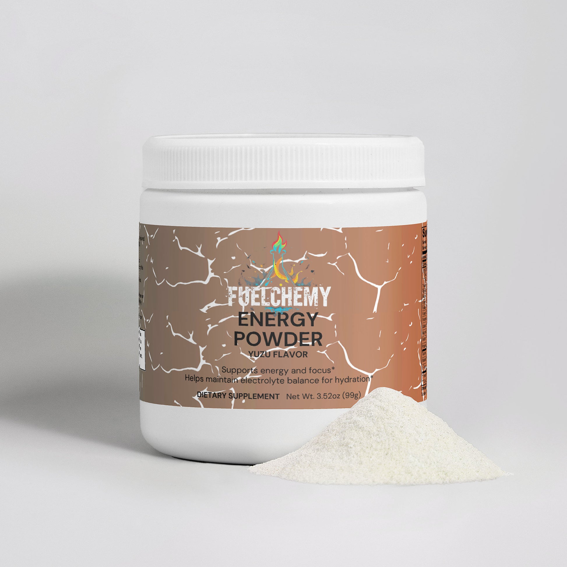 Fuelchemy Yuzu Energy Powder Drink in a container with white powder for hydration and focus support