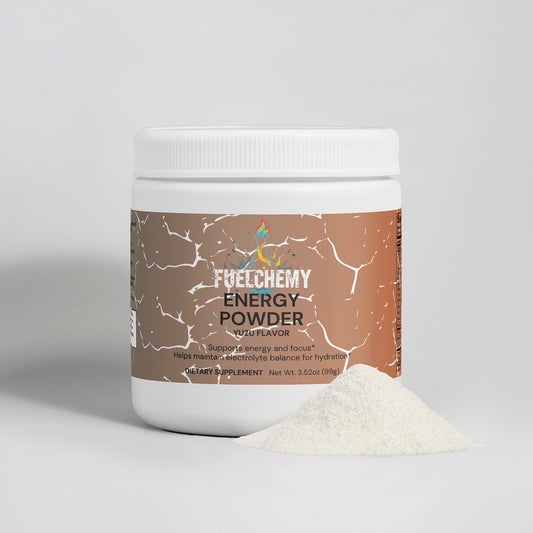Fuelchemy Yuzu Energy Powder Drink in a container with white powder for hydration and focus support