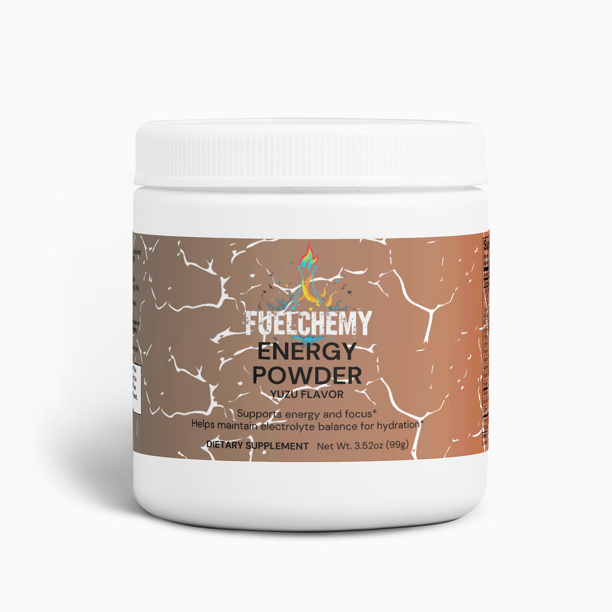 Fuelchemy Yuzu energy powder drink packaged in a white container for hydration and increased focus