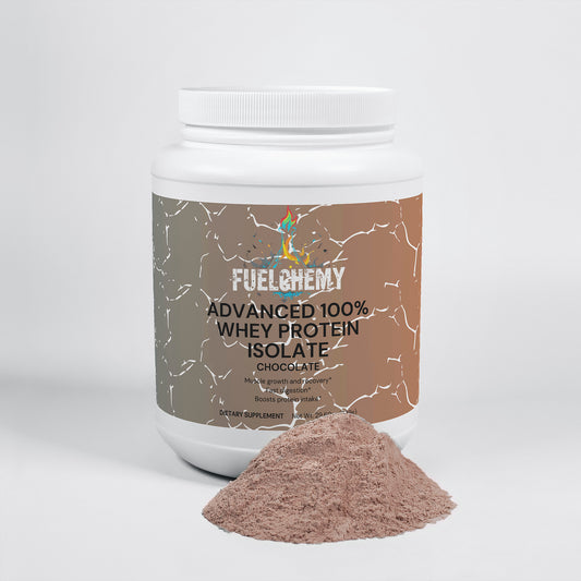 Fuelchemy Advanced 100% Whey Protein Isolate in Chocolate flavor with protein powder scoop