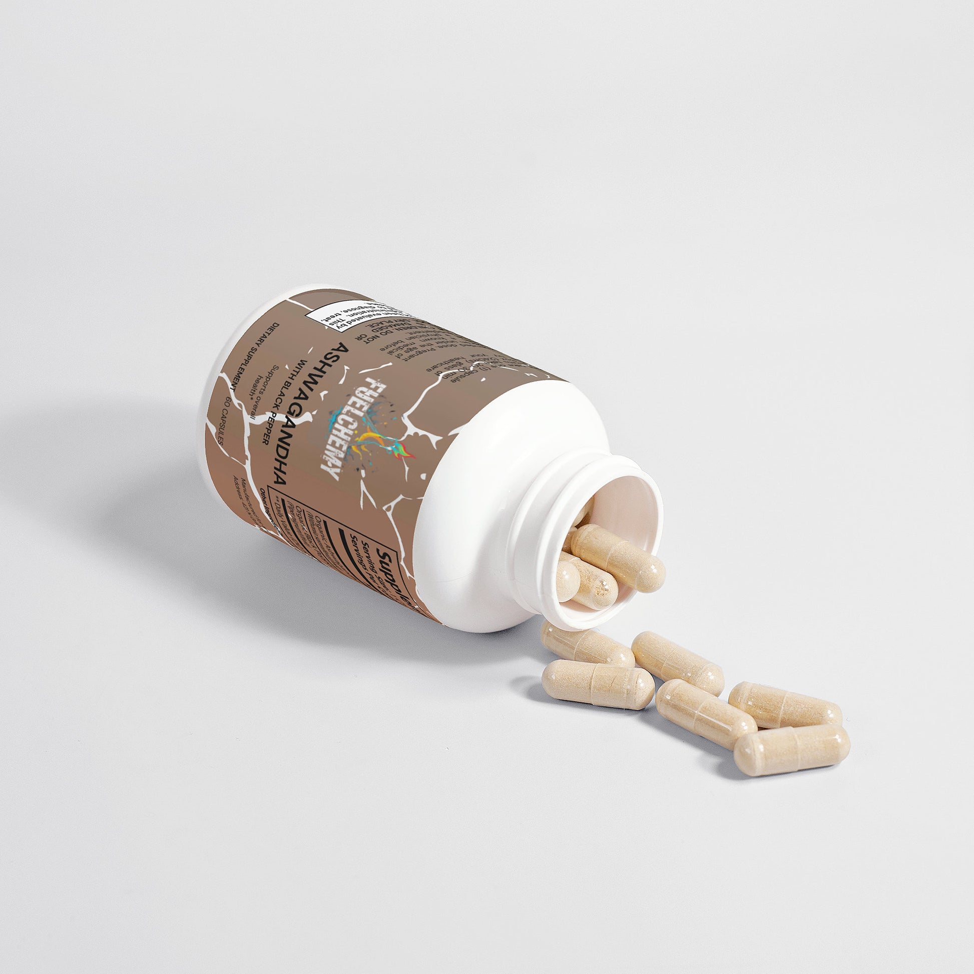 Fuelchemy Ashwagandha capsules immune support in a bottle, with some capsules spilled out